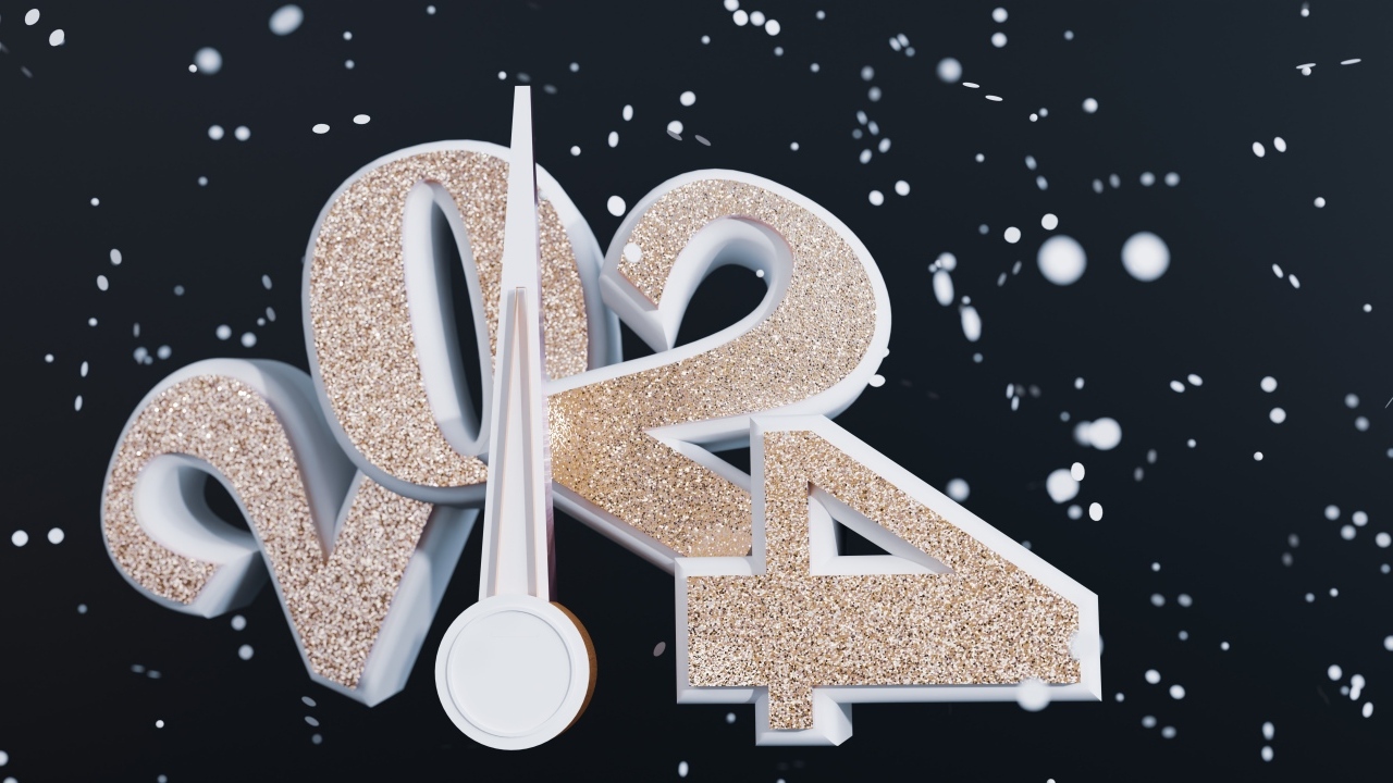 Блестящие цифры 2024 со стрелкой на черном фоне