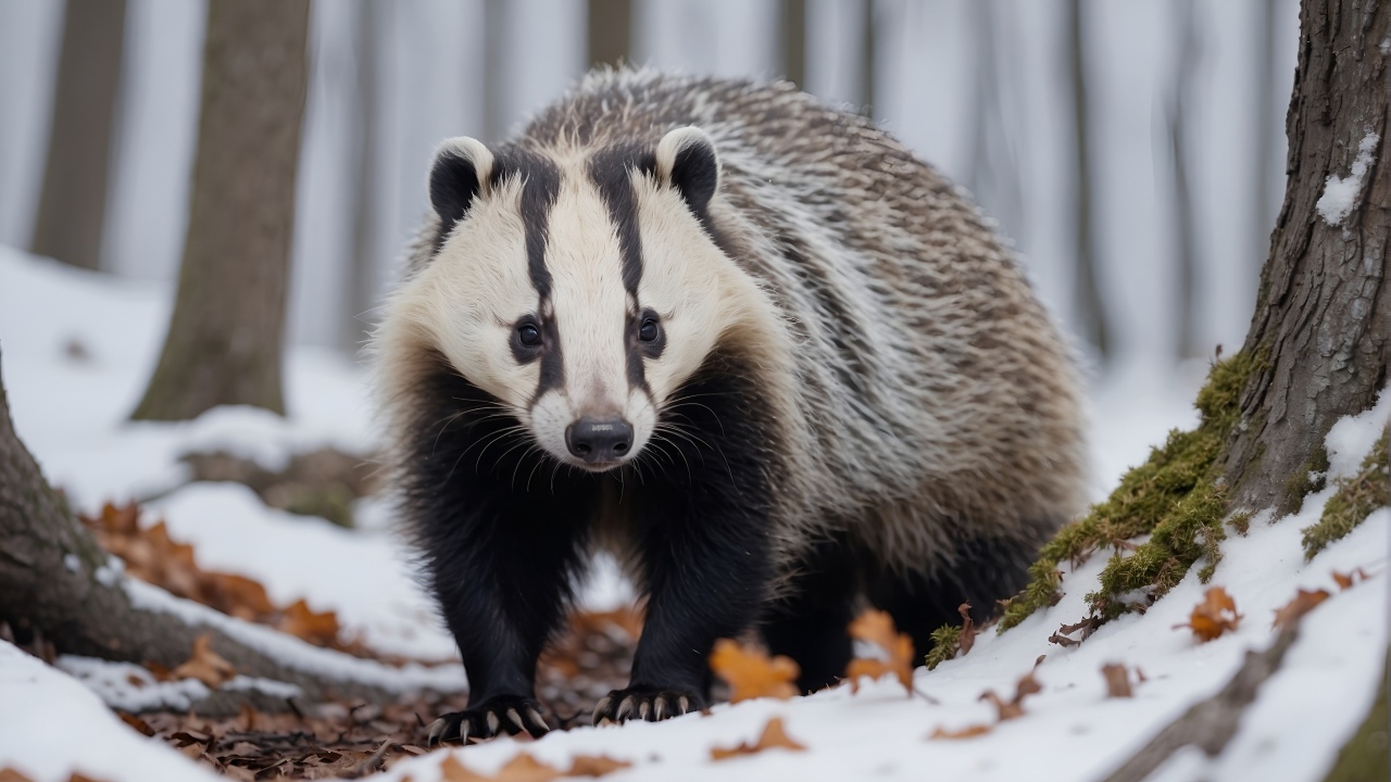 Большой барсук в заснеженном лесу