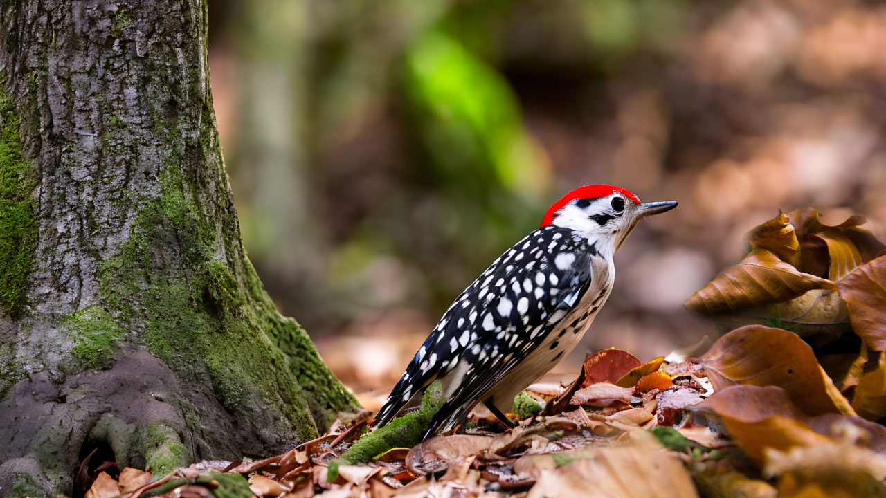 Пятнистый дятел сидит на опавшей листве