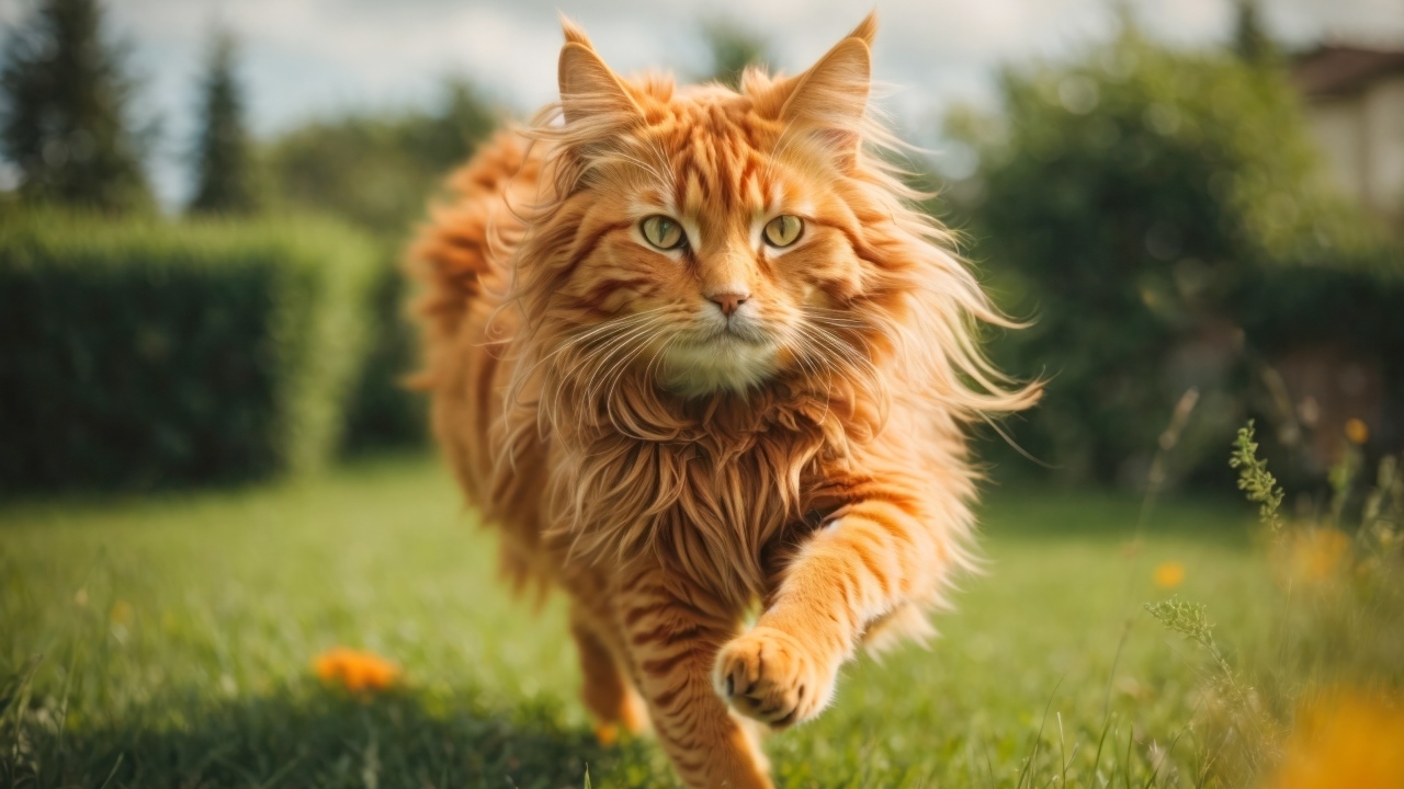 Пушистый рыжий кот бежит по зеленой траве