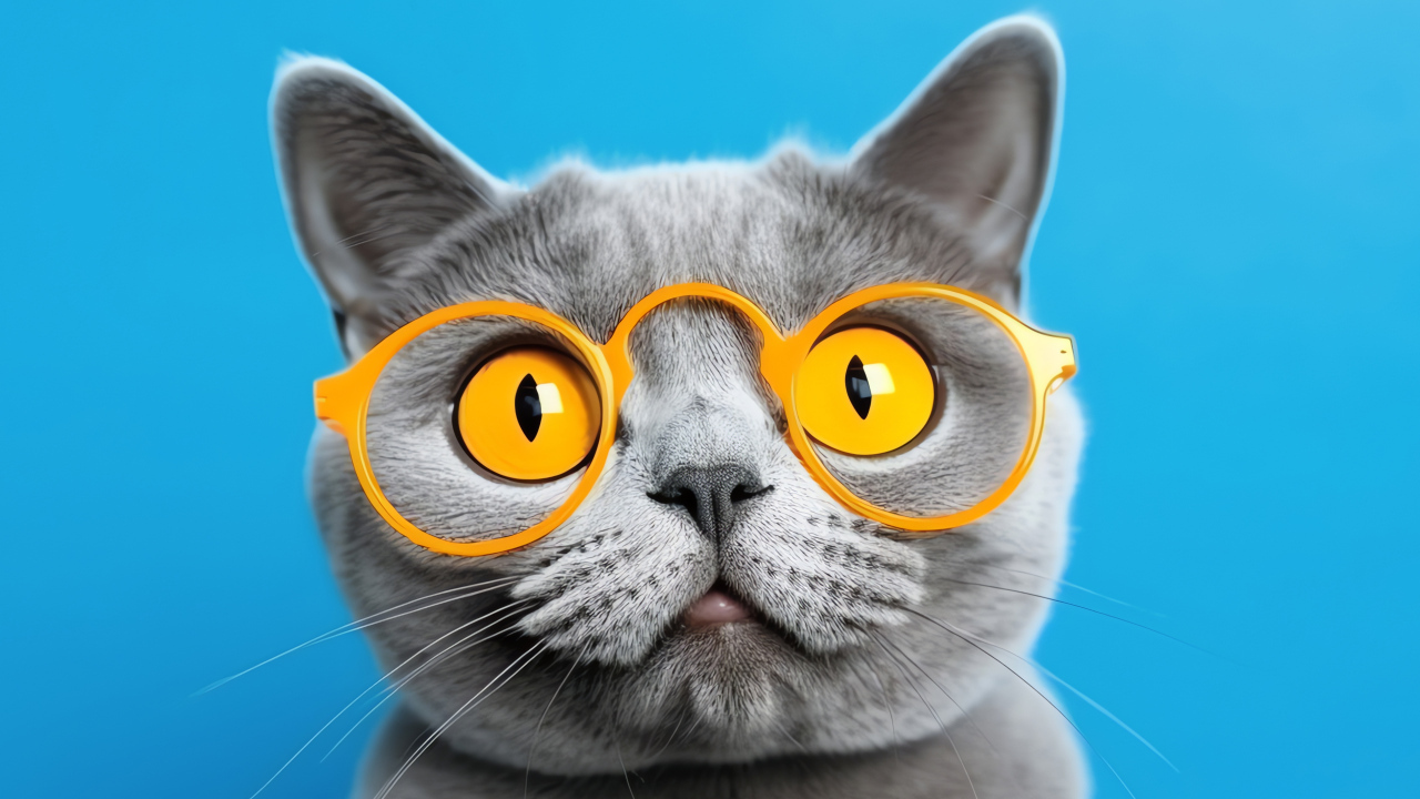 Серый кот в желтых очках на голубом фоне
