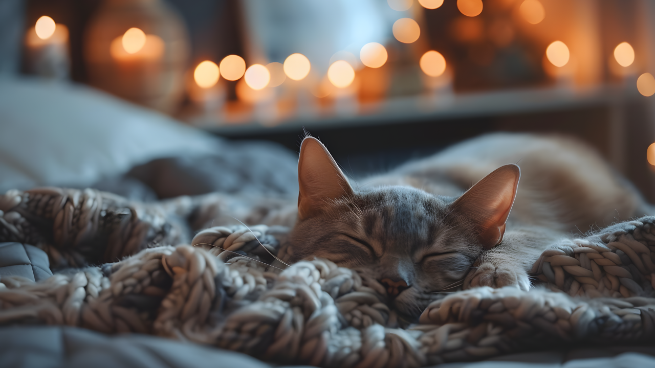 Довольный кот спит на кровати в квартире