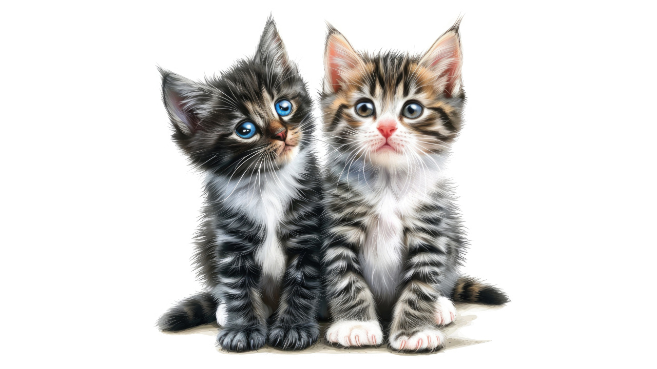 Два маленьких серых котенка на белом фоне