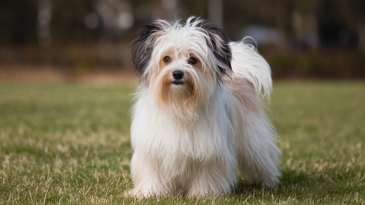 Пушистая собака на зеленой траве