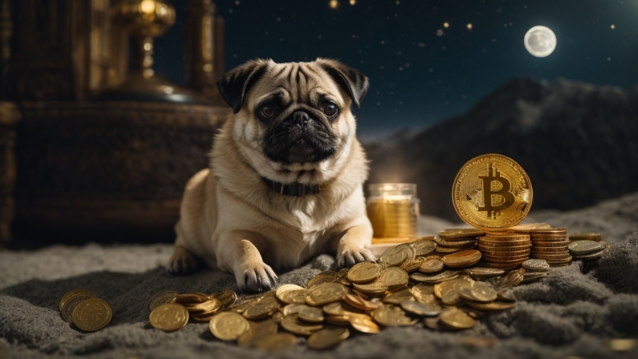 Мопс с золотыми монетами на песке