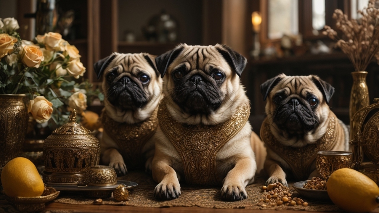 Три мопса в комнате за столом