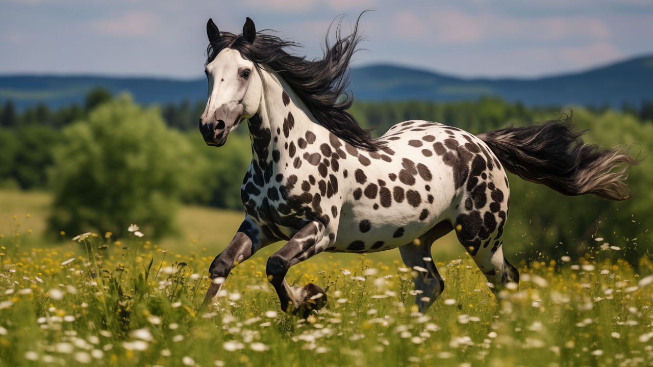 Белая лошадь в черных пятнах на пастбище