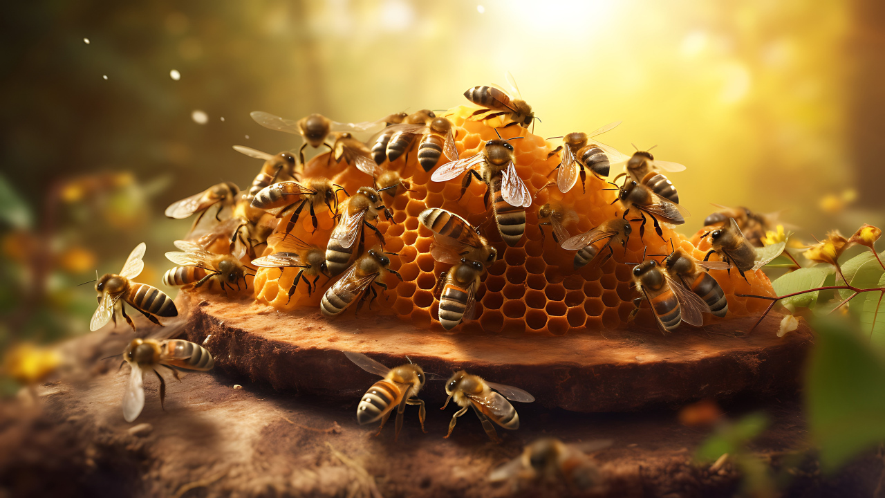 Рой пчел сидит на медовых сотах 