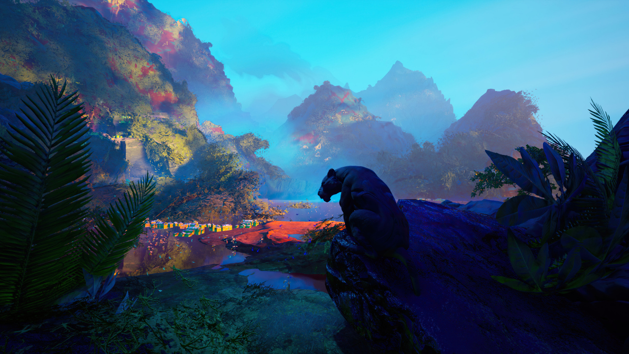 Большая черная пантера сидит на камне