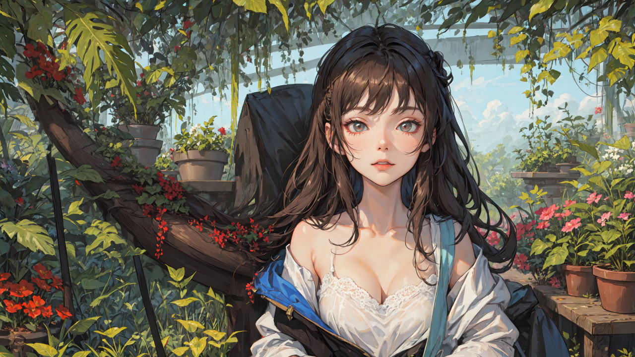 Девушка аниме в оранжерее с цветами