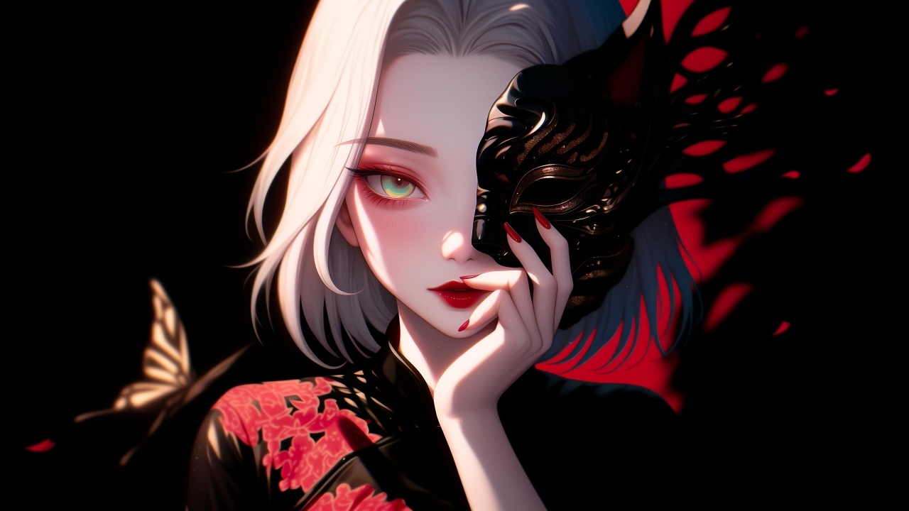 Девушка аниме в кимоно закрывает лицо маской