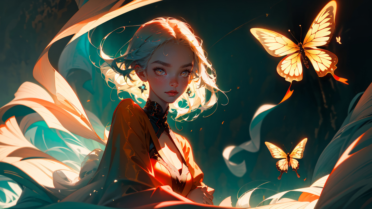Девушка аниме в лучах света с бабочками