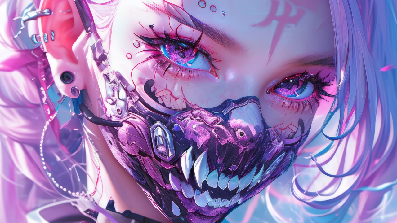 Аниме девушка с маской с острыми клыками на лице