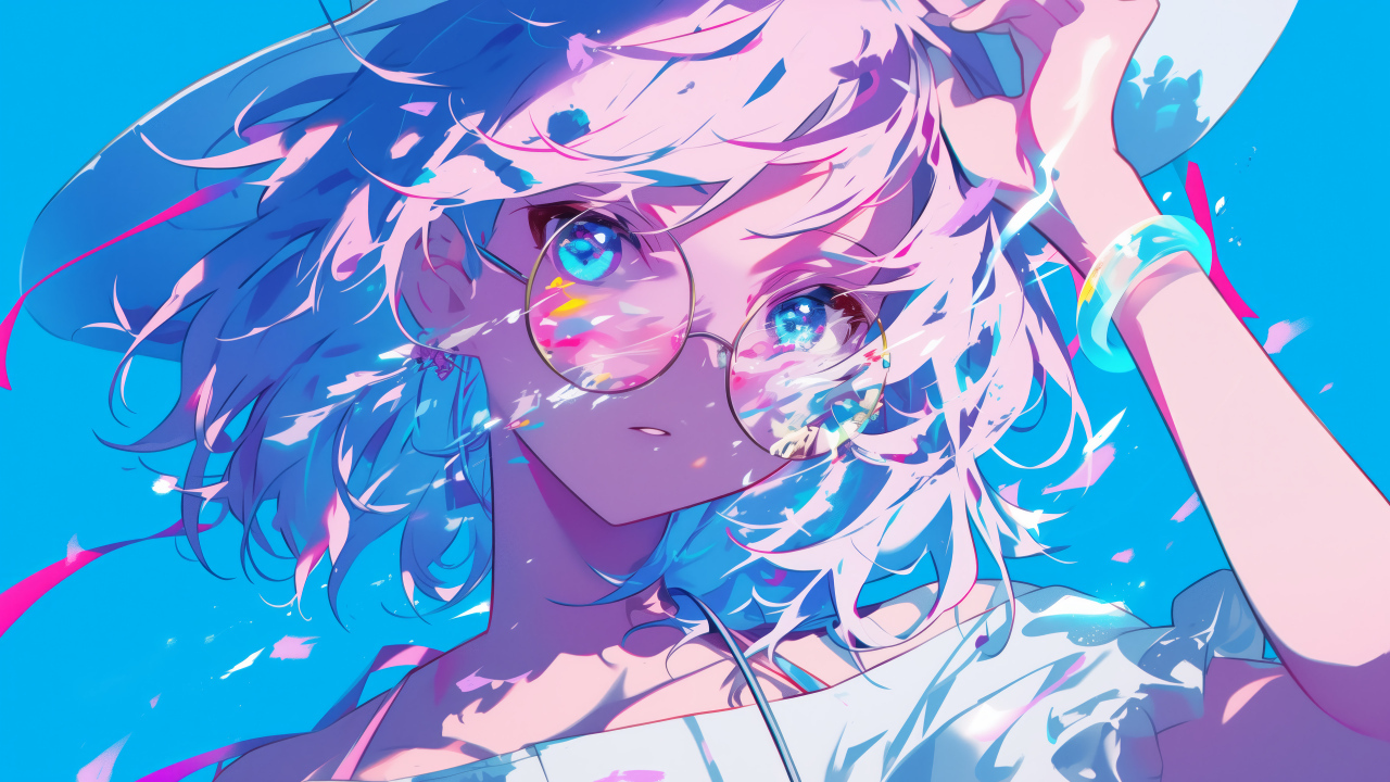 Аниме девушка в очках в лучах солнца на голубом фоне