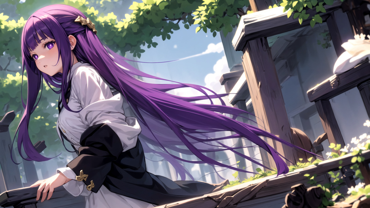 Девушка аниме с длинными фиолетовыми волосами