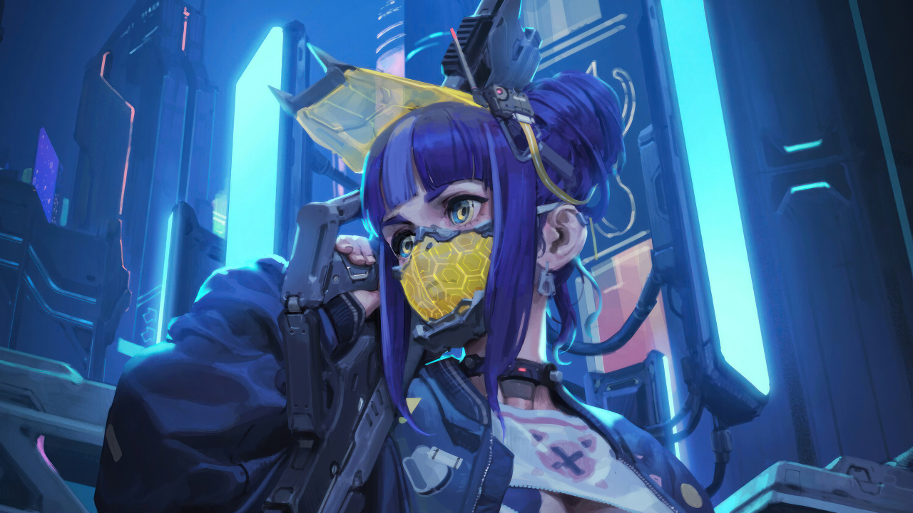 Девушка аниме солдат с маской на лице