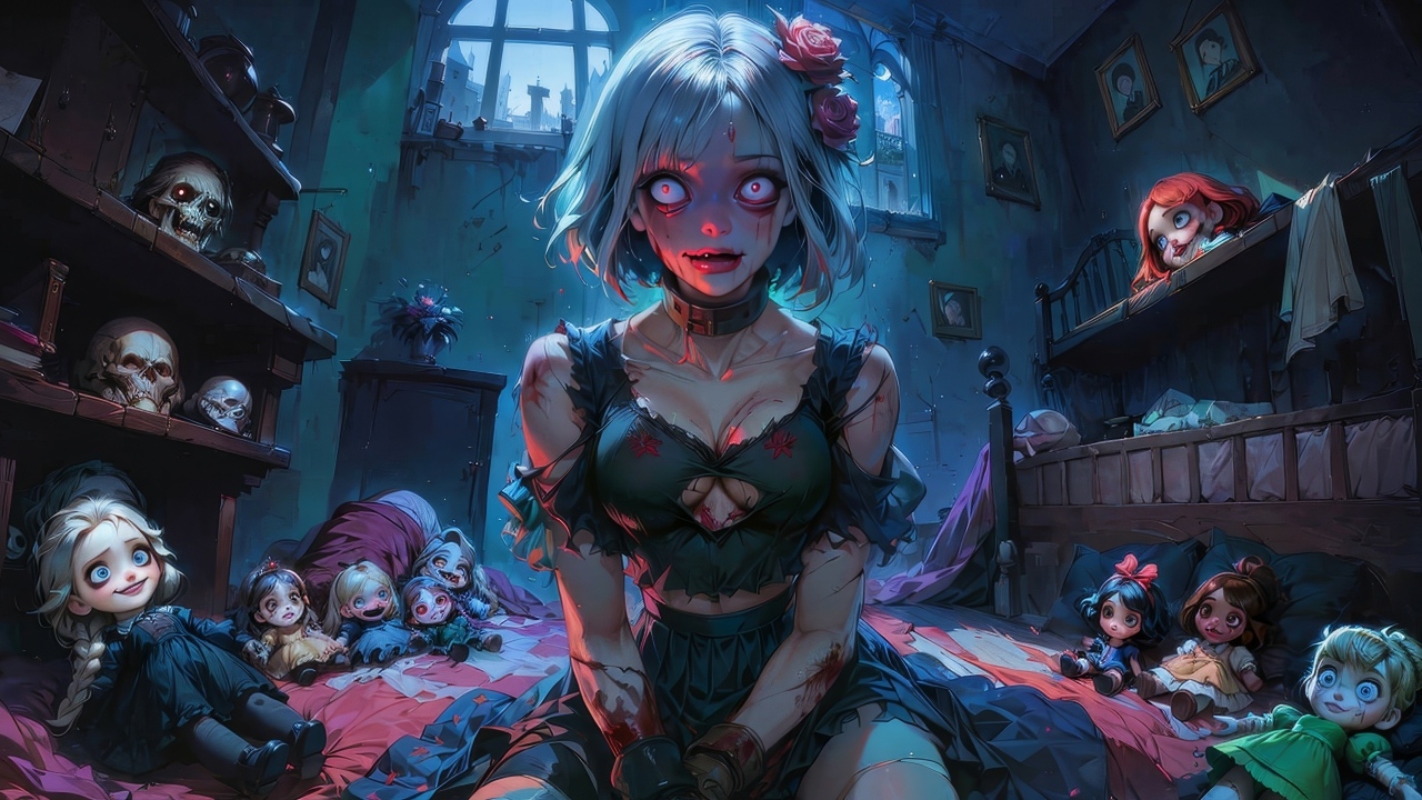 Девушка аниме зомби в комнате с куклами