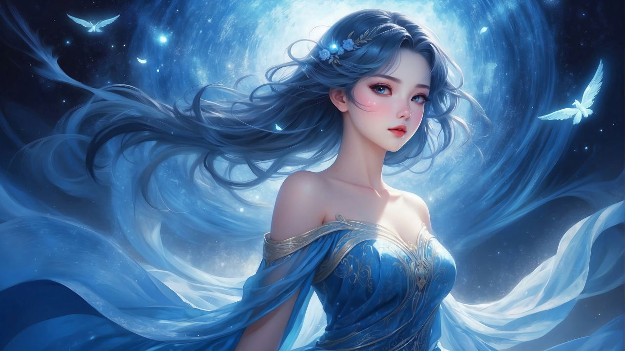 Красивая девушка аниме на фоне лунного сияния