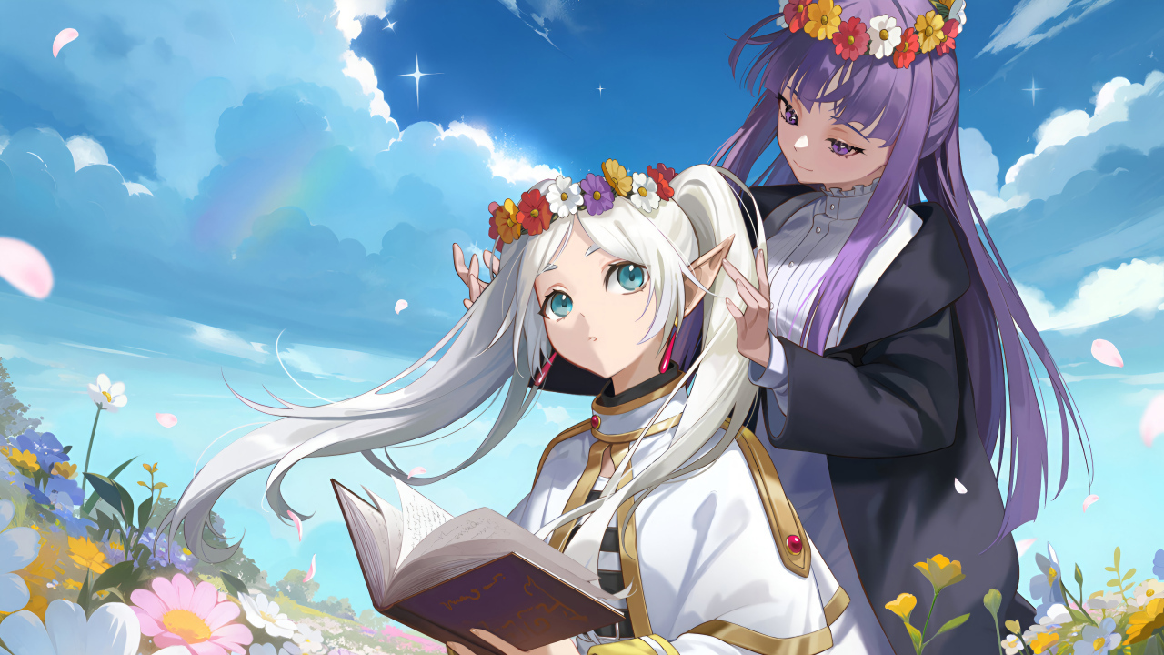 Две девушки аниме на поле с венками