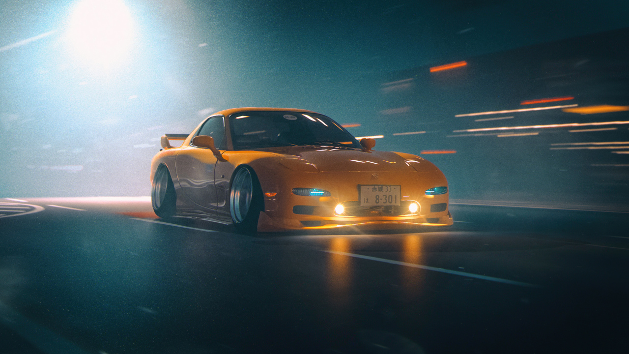 Желтый автомобиль Mazda RX-7 JDM
