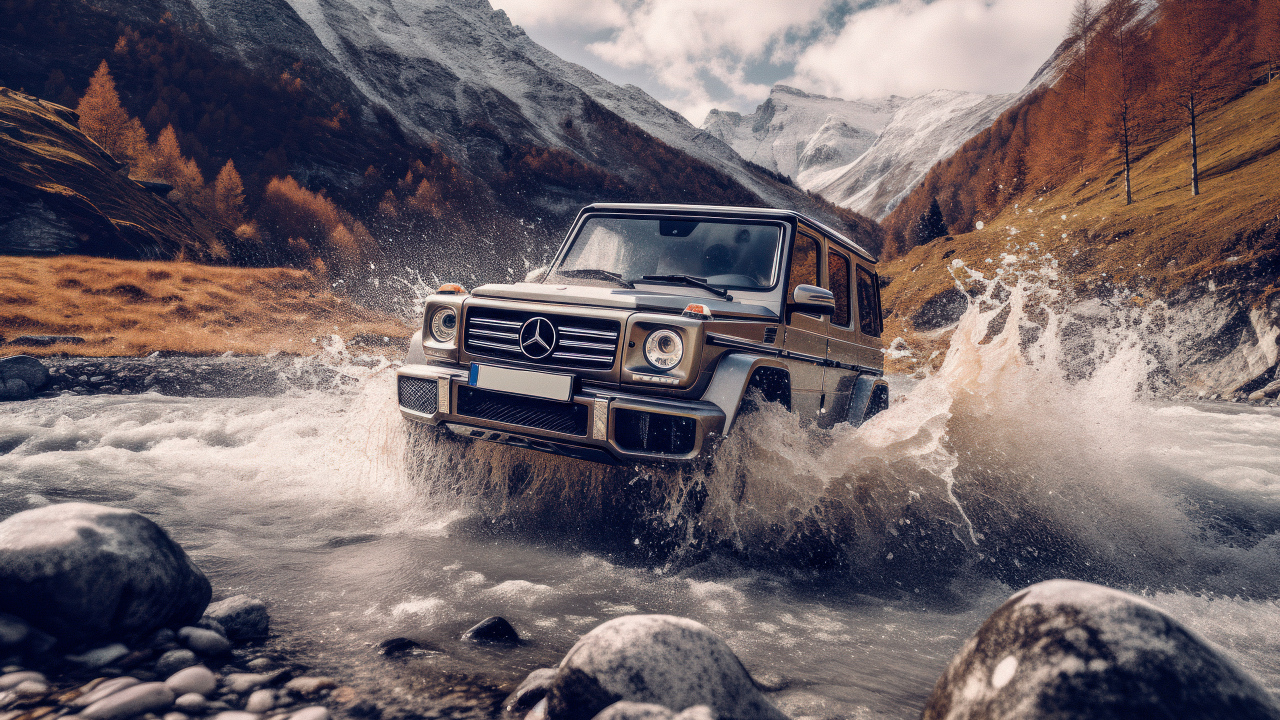 Автомобиль Mercedes-Benz G63 AMG едет по реке