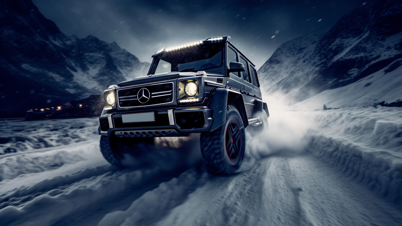 Джип Mercedes-Benz G63 AMG едет по снегу