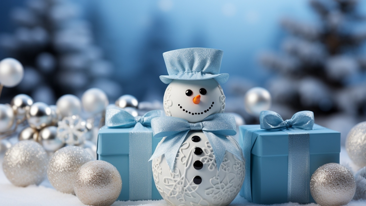 Снеговик с подарками и еловыми игрушками на Рождество