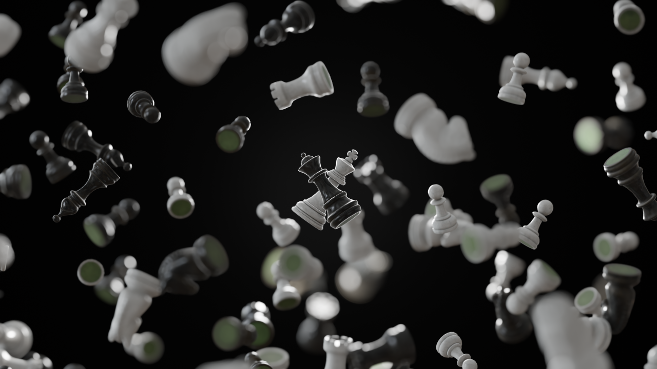 Черные и белые шахматные фигуры парят в воздухе