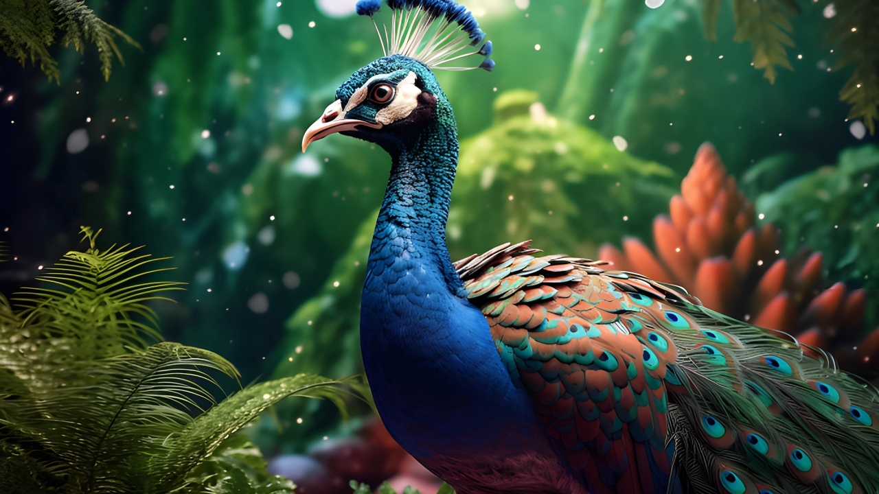 Красивый нарисованный павлин в лесу