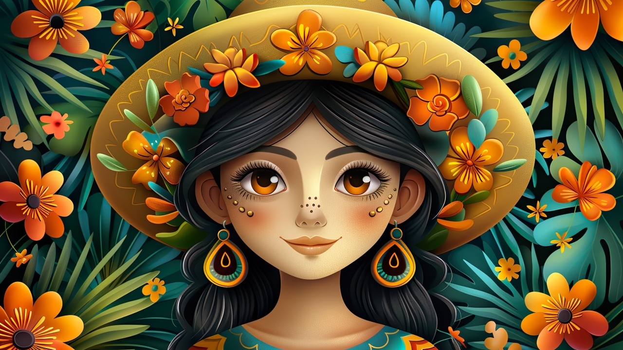 Нарисованная мексиканка в шляпе