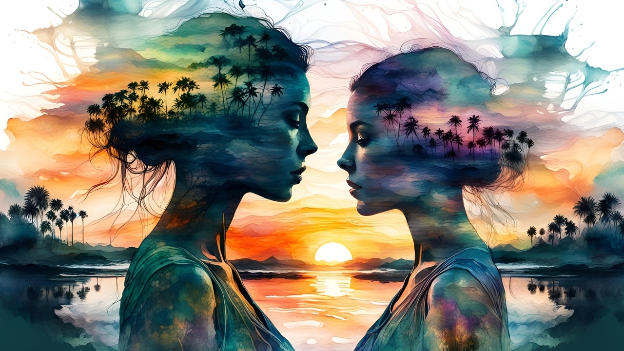 Нарисованные силуэты девушек на фоне природы