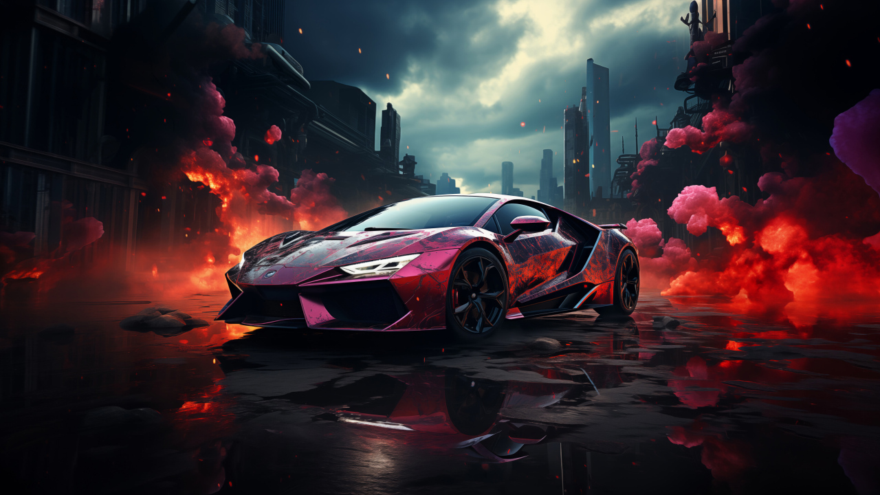 Спортивный автомобиль в красном дыму