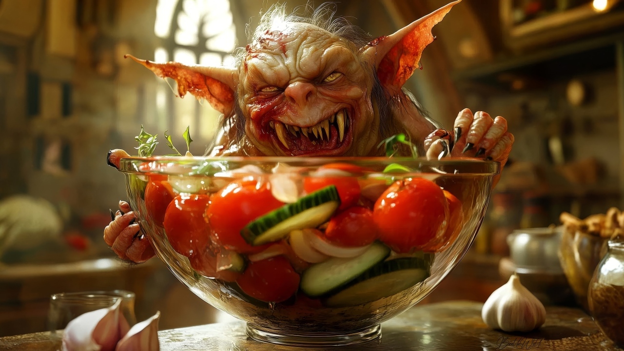 Маленький гремлин с острыми зубами стоит на кухонном столе с чашкой салата в руках