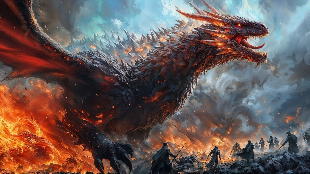 Большой злой дракон в огне с воинами