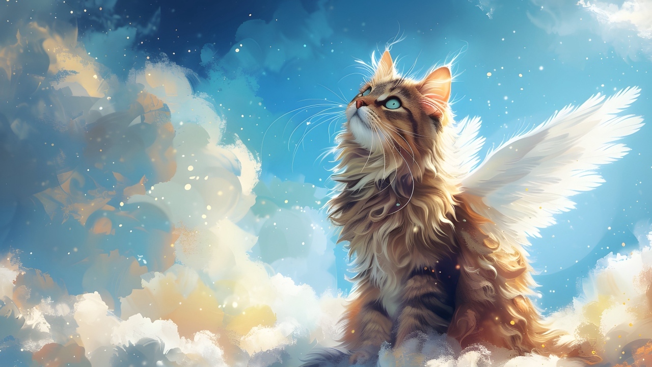 Кот - ангел с белыми крыльями сидит на облаке и смотрит вверх