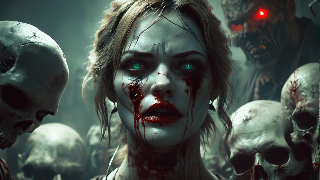 Девушка монстр с зелеными глазами в комнате со скелетами