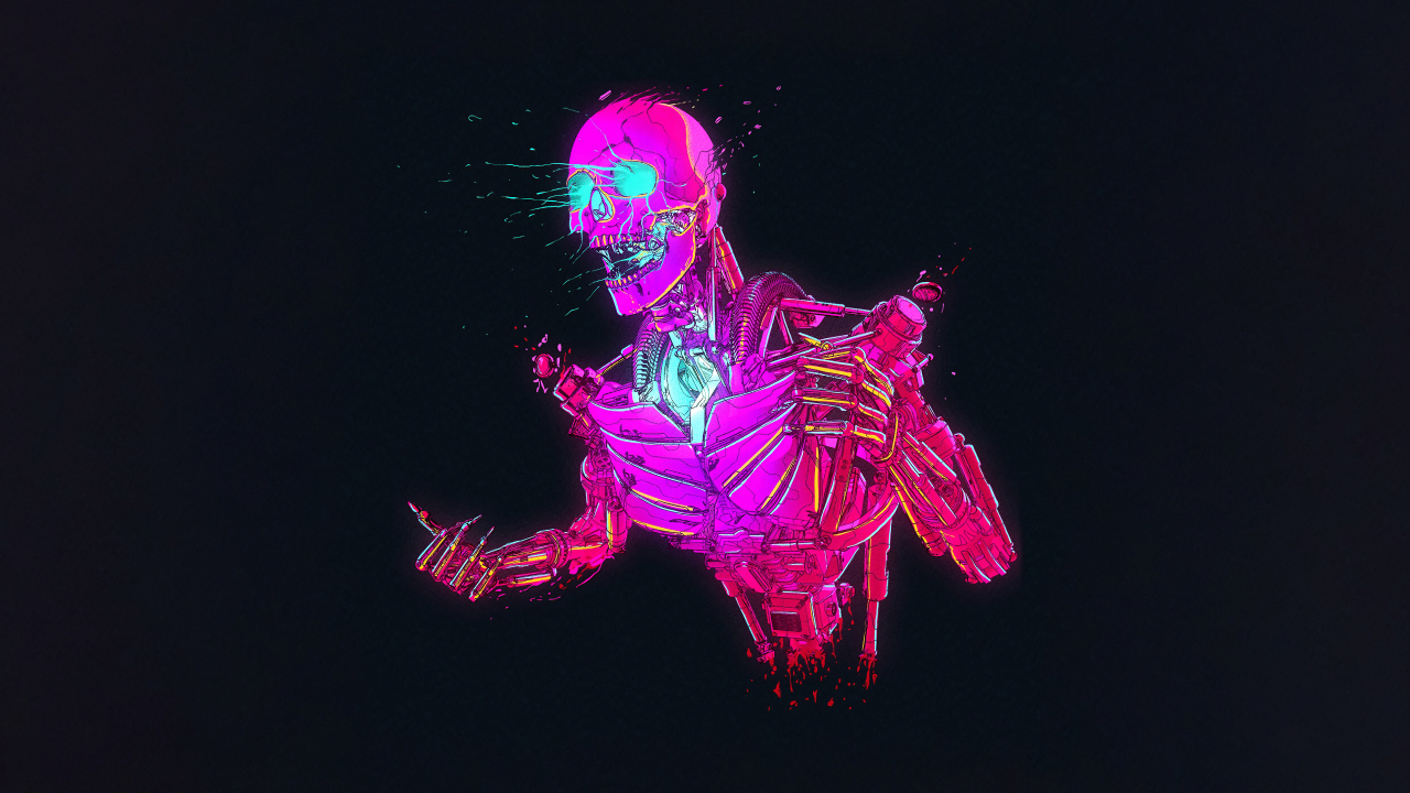 Розовый робот скелет на черном фоне