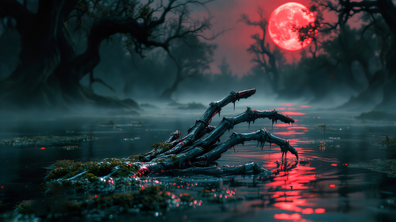 Рука скелета в воде на фоне красной луны
