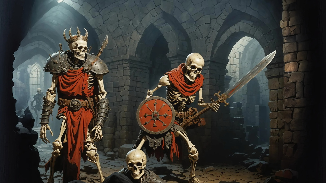 Скелеты в доспехах с оружием в руках в старинном замке