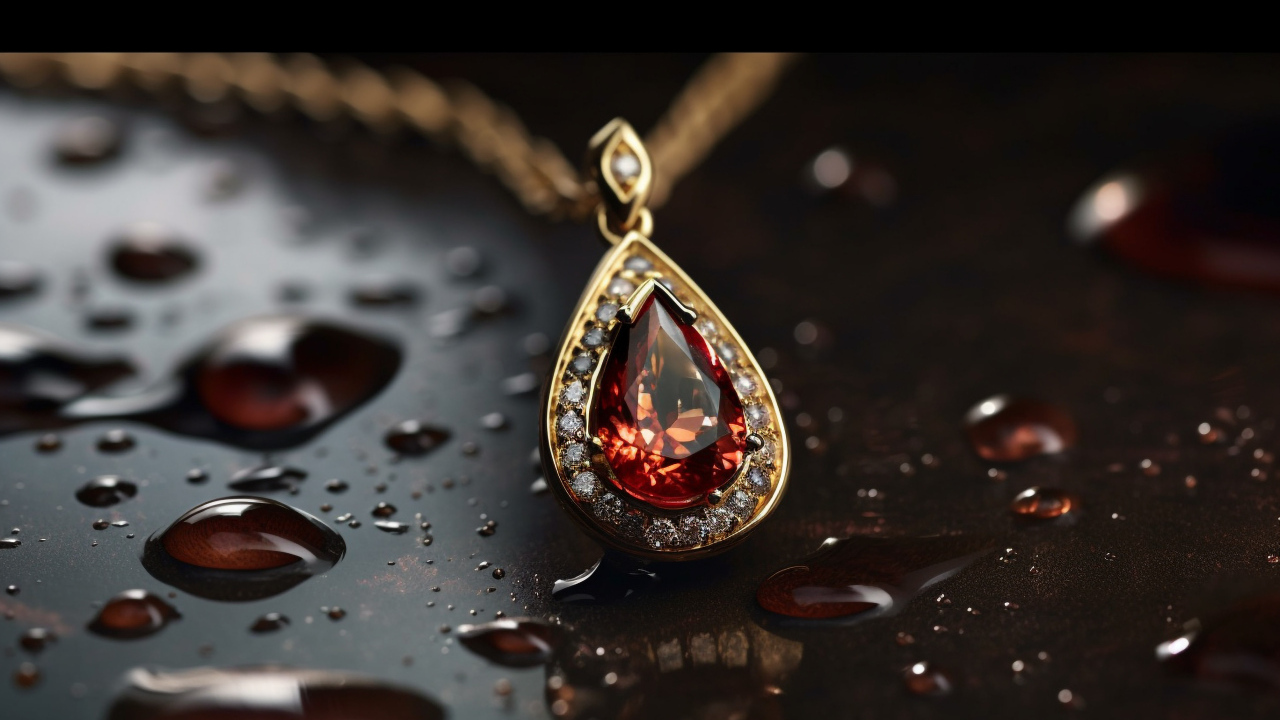 Кулон с красным камнем на мокрой поверхности 