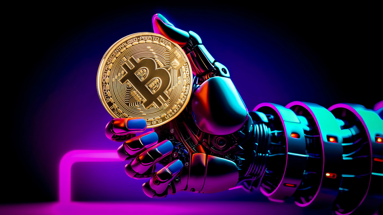 Золотая монета биткоин в руке у робота