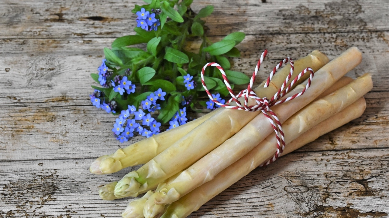 Спаржа на столе с цветами незабудки