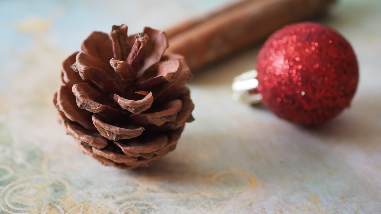 Шишка, шарик и корица на столе