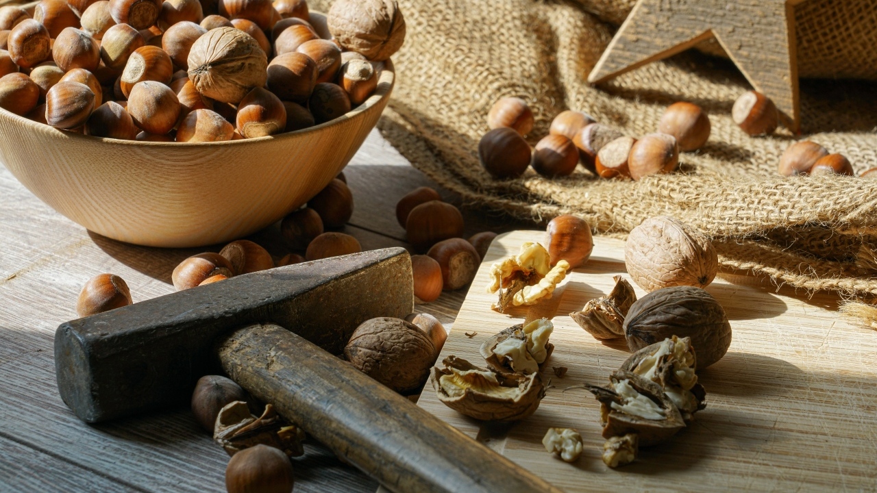 Фундук и грецкие орехи на столе с молотком