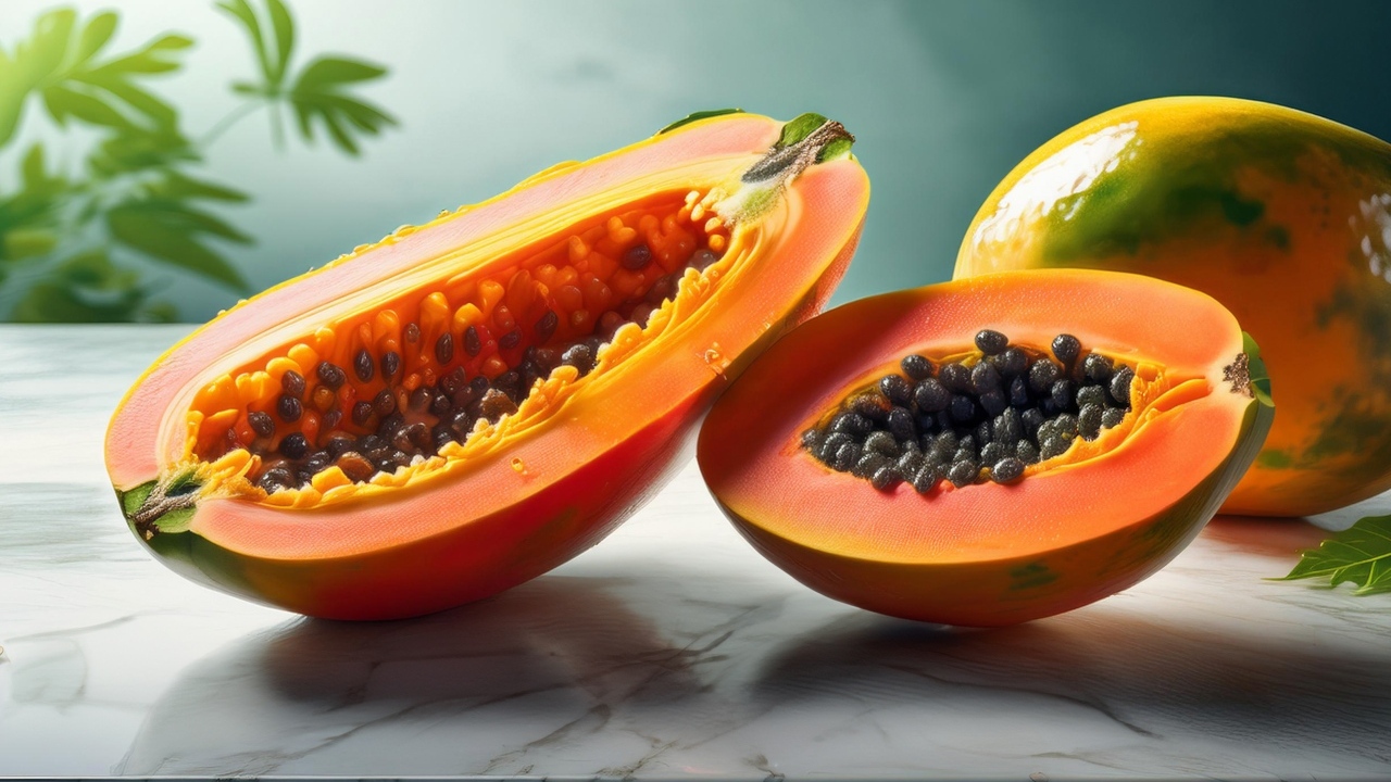 Папайя с черными зернами на столе