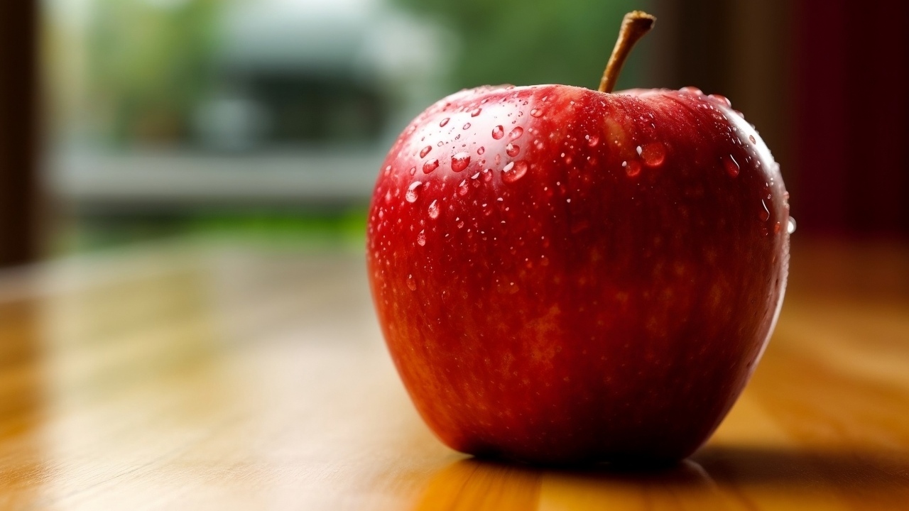 Красное яблоко в каплях воды на столе