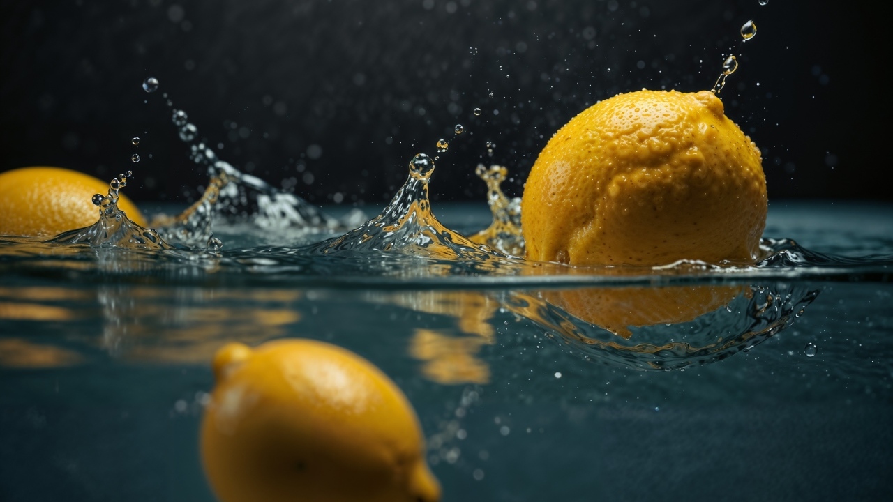 Кислые желтые лимоны плавают в воде