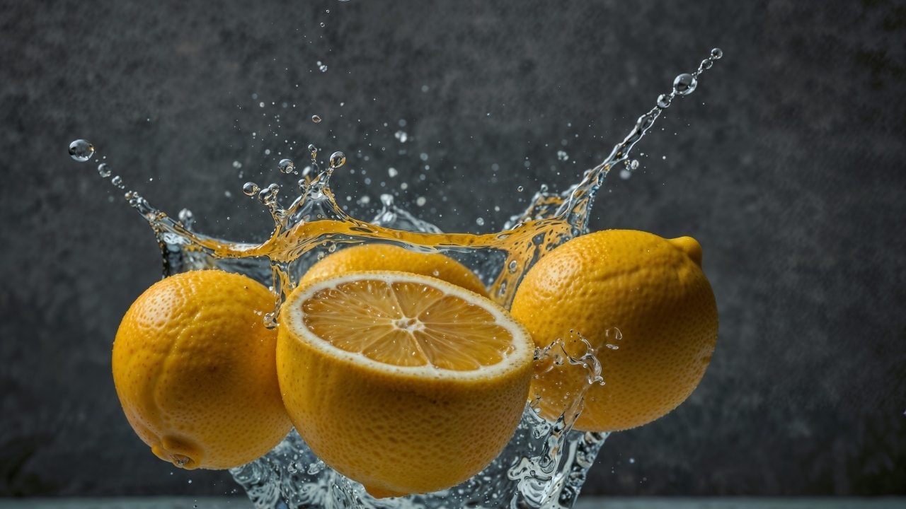 Желтый лимон в брызах воды на сером фоне