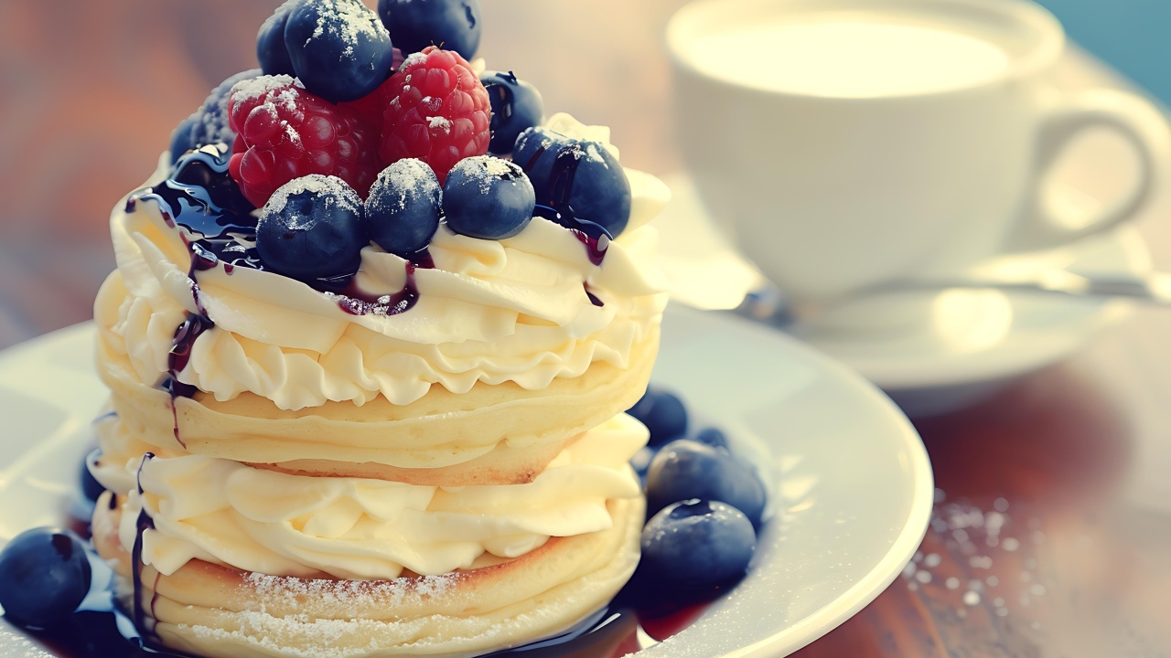 Сырники с кремом и ягодами на столе на завтрак