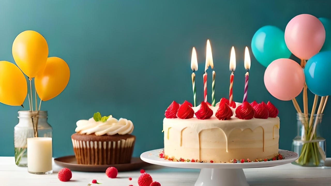 Праздничный торт на столе с шариками